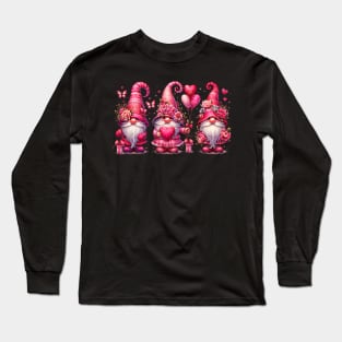 Pink Valentines Gnomies Girls Womens Heart Gnome Valentines Long Sleeve T-Shirt